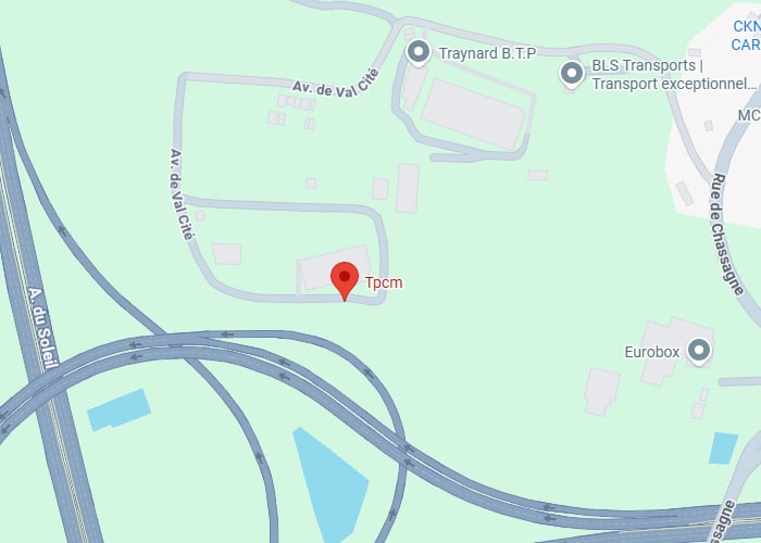 Tpcm : Localisation sur carte, Av. de Val Cité et A. du Soleil Carte routière de Tpcm sur l'Av. de Val Cité. Proximité de l'autoroute A. du Soleil et des entreprises Traynard B.T.P., BLS Transports et Eurobox.